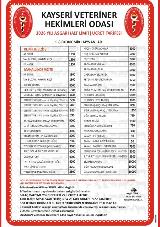 Ekonomik Hayvanlar 2026 Alt Sınır Ücret Tarifesi